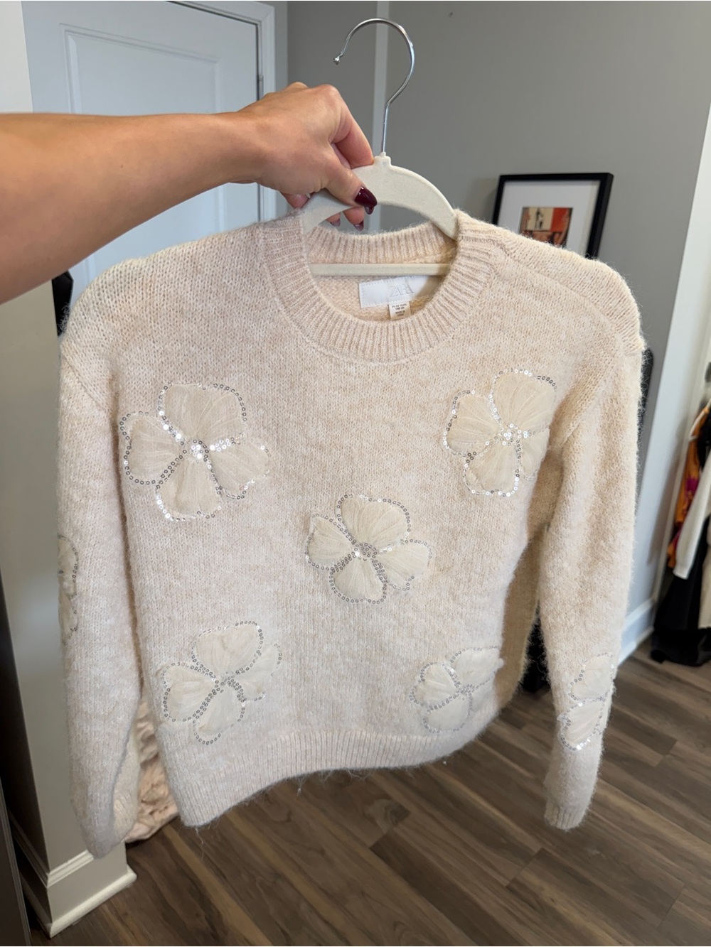 Zara Cream Sequin Floral Crewneck Sweater